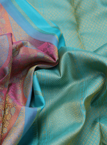 Pure kanchipuram tissue silk saree pastel pink and teal blue with allover zari brocade weaves and zari woven border