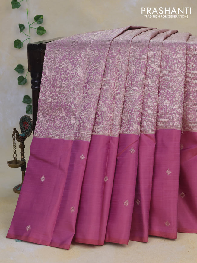 Pure kanchipuram silk saree mauve pink with allover silver zari woven brocade weaves and long silver zari woven butta border