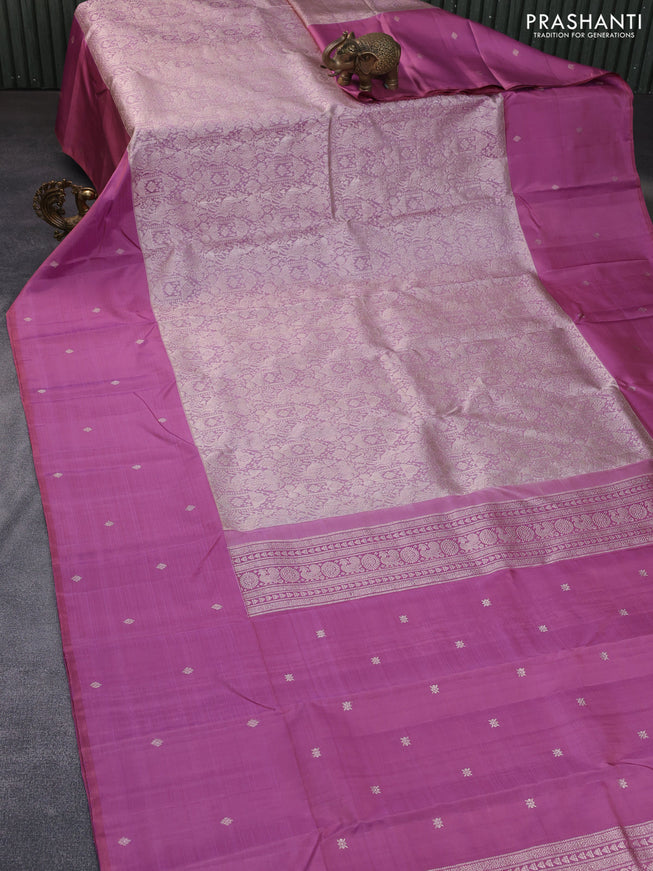 Pure kanchipuram silk saree mauve pink with allover silver zari woven brocade weaves and long silver zari woven butta border