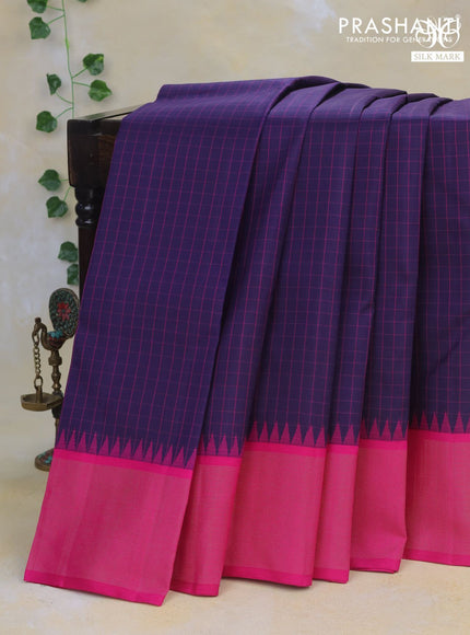 Pure kanchipuram silk saree navy blue and pink with allover checked pattern and temple design zari woven border