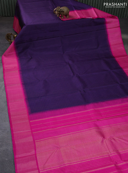 Pure kanchipuram silk saree navy blue and pink with allover checked pattern and temple design zari woven border