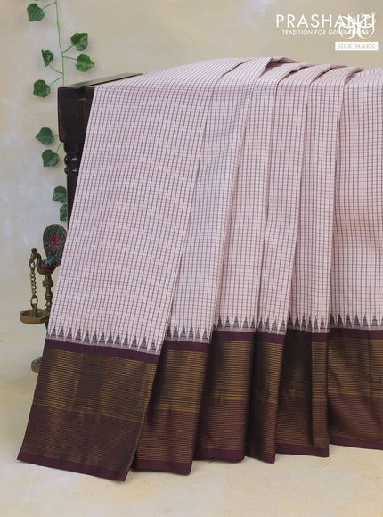 Pure kanchipuram silk saree beige shade and wine shade with allover checked pattern and temple design zari woven border