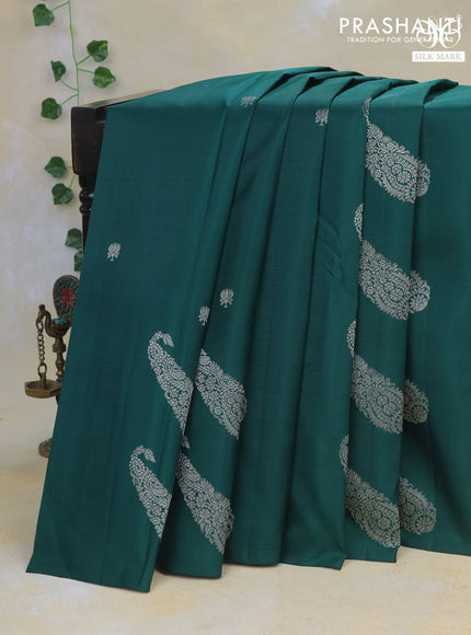 Pure kanchipuram silk saree green and wine shade with allover silver zari woven paisley buttas in borderless style