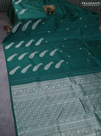 Pure kanchipuram silk saree green and wine shade with allover silver zari woven paisley buttas in borderless style