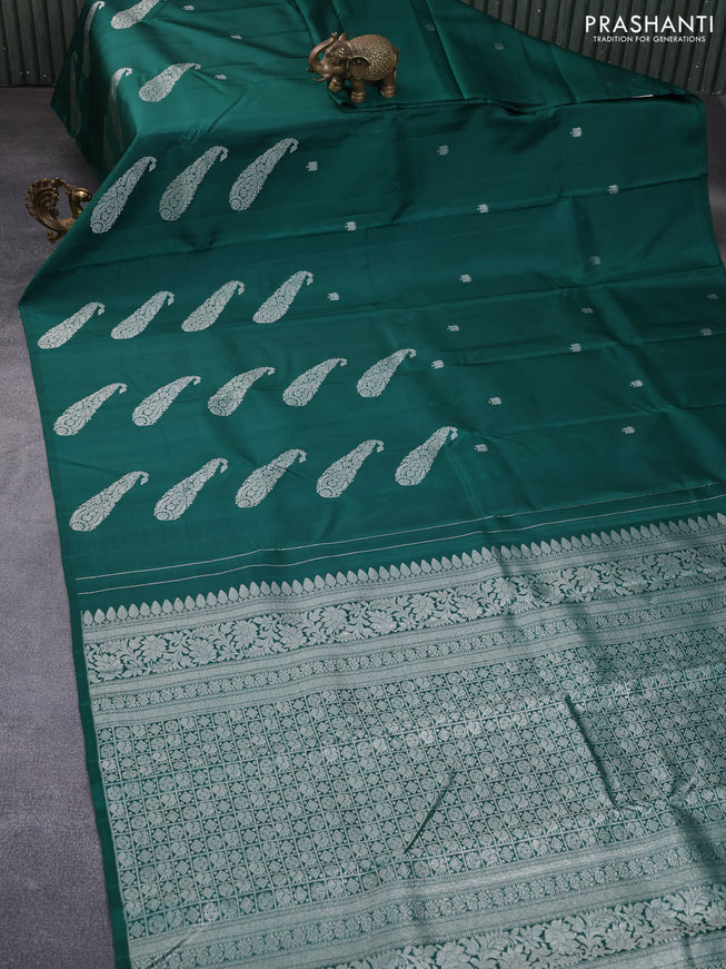 Pure kanchipuram silk saree green and wine shade with allover silver zari woven paisley buttas in borderless style