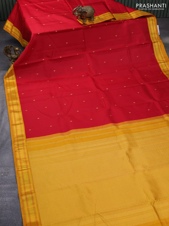 Pure kanchipuram silk saree red and dark mustard with zari woven buttas and zari woven korvai border