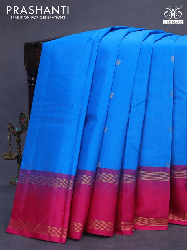 Pure kanchipuram silk saree blue and pink with zari woven buttas and rettapet zari woven border