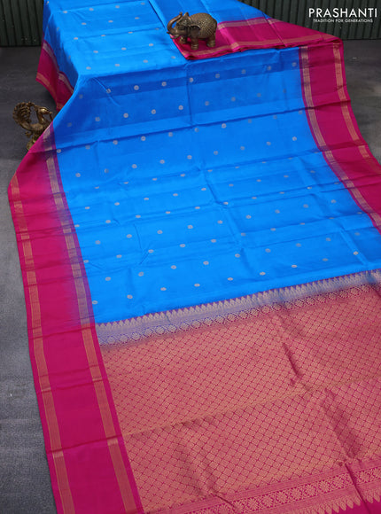 Pure kanchipuram silk saree blue and pink with zari woven buttas and rettapet zari woven border