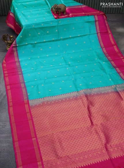 Pure kanchipuram silk saree teal blue and pink with zari woven buttas and rettapet zari woven border