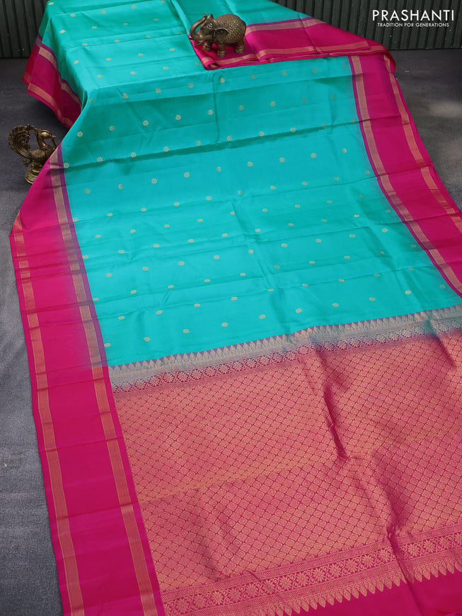 Pure kanchipuram silk saree teal blue and pink with zari woven buttas and rettapet zari woven border