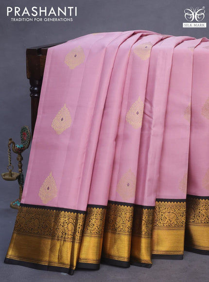 Pure kanchipuram silk saree pastel pink and black with zari woven buttas and zari woven korvai border