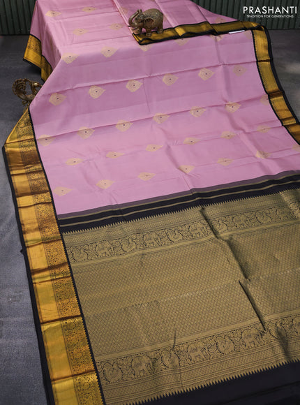 Pure kanchipuram silk saree pastel pink and black with zari woven buttas and zari woven korvai border