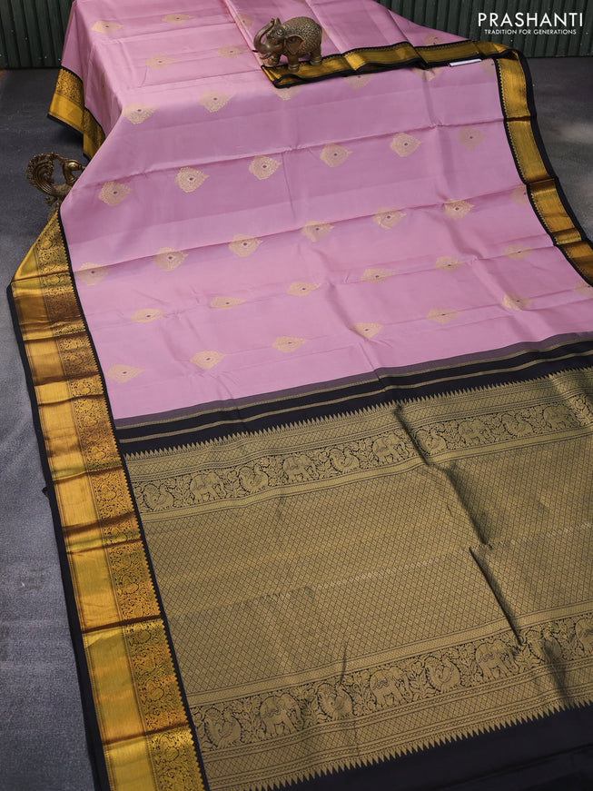 Pure kanchipuram silk saree pastel pink and black with zari woven buttas and zari woven korvai border