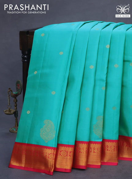 Pure kanchipuram silk saree teal blue and pink with zari woven buttas and zari woven korvai border