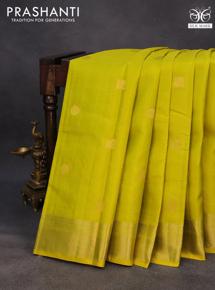 Pure kanchipuram silk saree lime yellow and light blue with allover zari checks & buttas and zari woven border