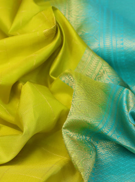 Pure kanchipuram silk saree lime yellow and light blue with allover zari checks & buttas and zari woven border