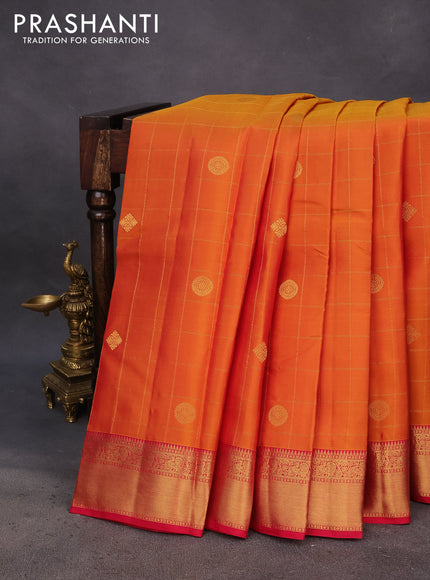 Pure kanchipuram silk saree dual shade of mustard and pink with allover zari checks & buttas and zari woven border