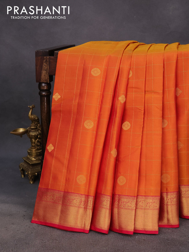 Pure kanchipuram silk saree dual shade of mustard and pink with allover zari checks & buttas and zari woven border