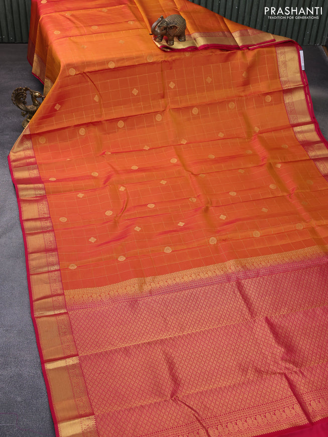 Pure kanchipuram silk saree dual shade of mustard and pink with allover zari checks & buttas and zari woven border