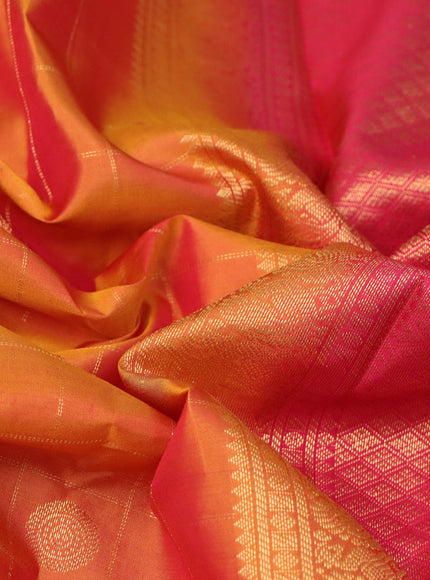 Pure kanchipuram silk saree dual shade of mustard and pink with allover zari checks & buttas and zari woven border