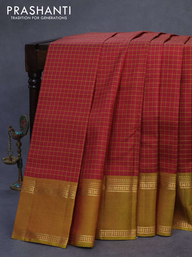 Pure kanchipuram silk saree maroon and mehendi green with allover checked pattern and rettapet zari woven border