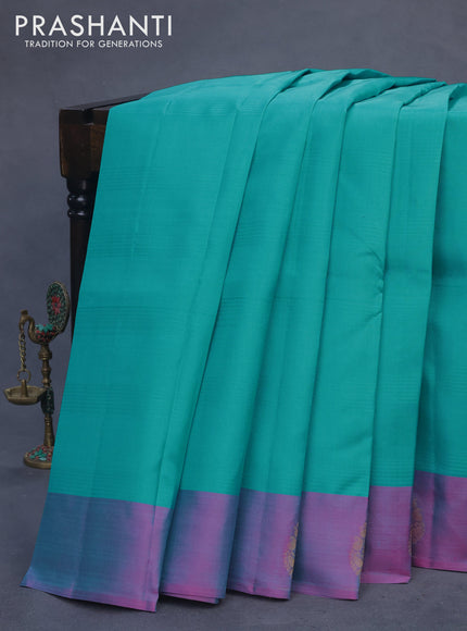 Pure kanchipuram silk saree teal blue and dual shade of pink with plain body and zari woven butta border