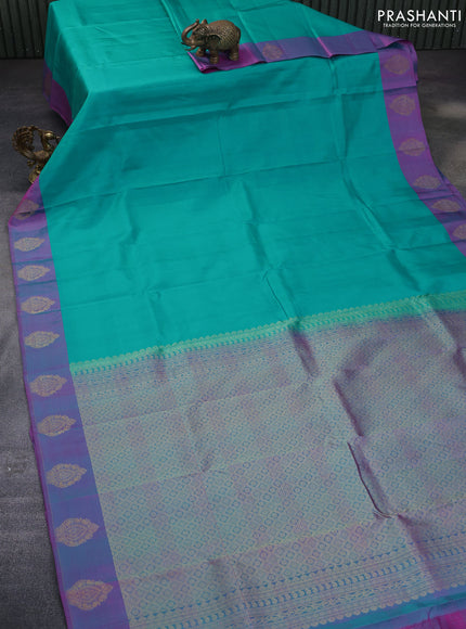 Pure kanchipuram silk saree teal blue and dual shade of pink with plain body and zari woven butta border