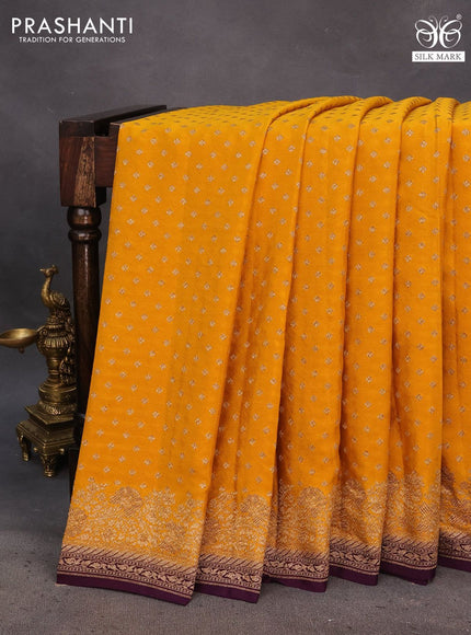 Banarasi crepe saree mustard yellow and wine shade with allover thread & zari woven buttas and woven border