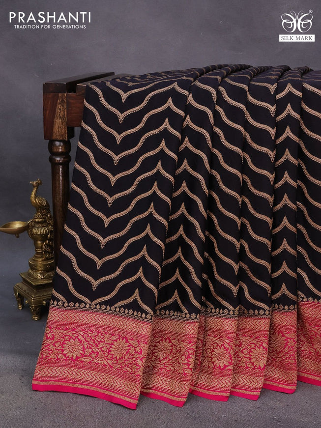 Banarasi crepe saree deep coffee brown and pink with allover thread & zari woven weaves and woven border