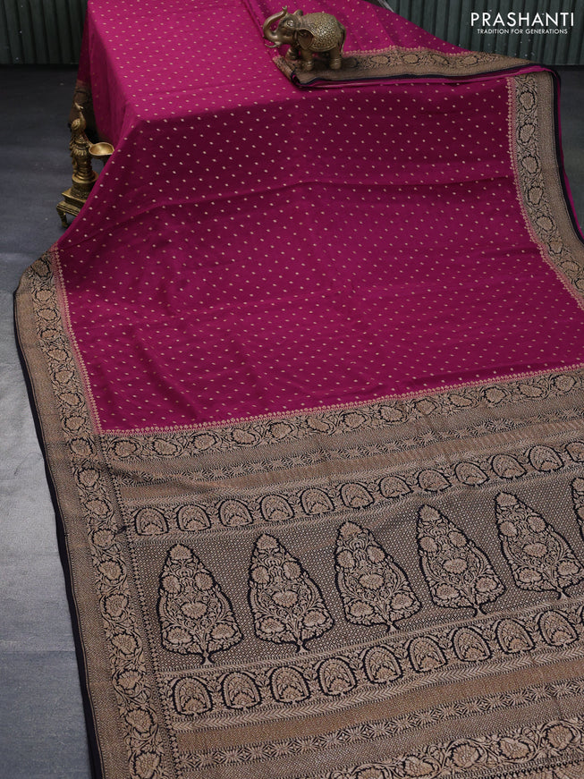 Banarasi crepe saree magenta pink and black with allover thread & zari woven buttas and woven border