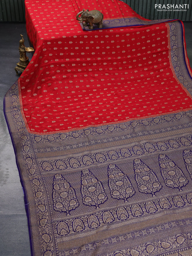 Banarasi crepe saree red and blue with allover thread & zari woven buttas and woven border