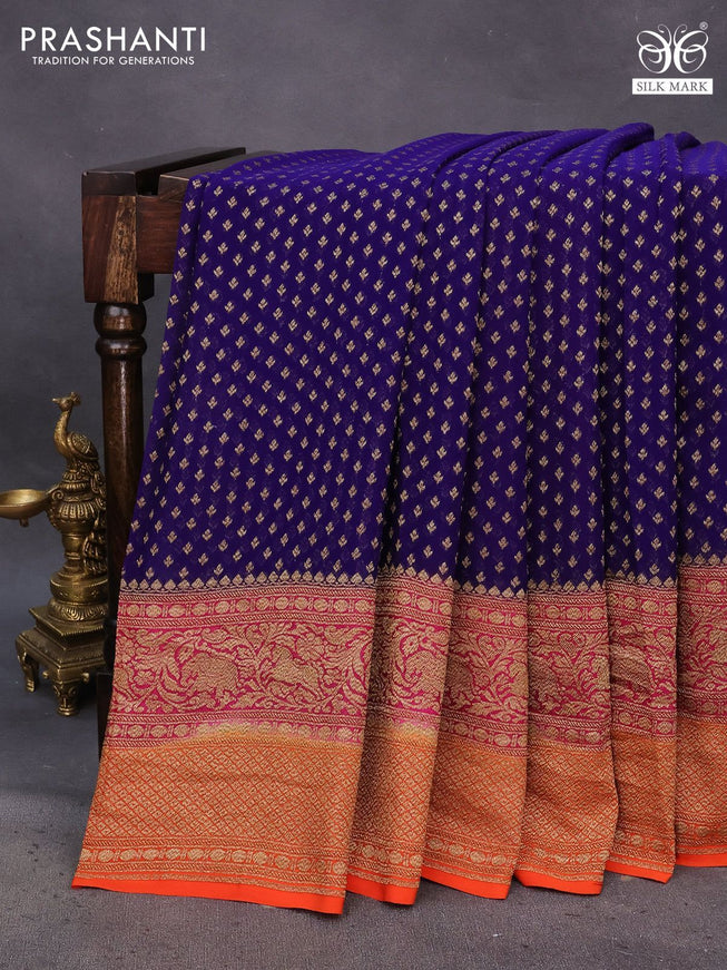 Banarasi georgette saree blue and pink orange with allover thread & zari woven butta weaves and long woven border