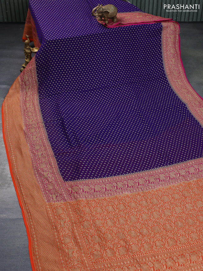 Banarasi georgette saree blue and pink orange with allover thread & zari woven butta weaves and long woven border