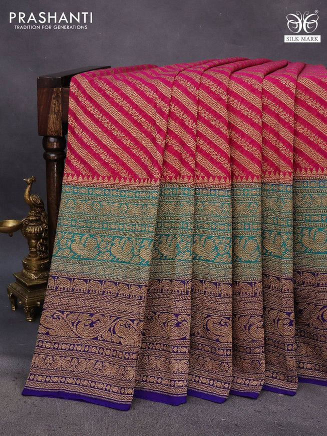 Banarasi georgette saree pink and teal green blue with allover thread & zari weaves and long woven border