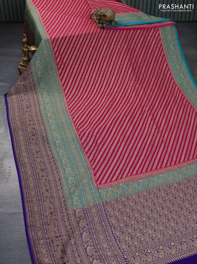 Banarasi georgette saree pink and teal green blue with allover thread & zari weaves and long woven border