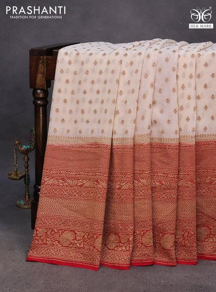 Banarasi georgette saree off white and red with allover thread & zari butta weaves and long woven border