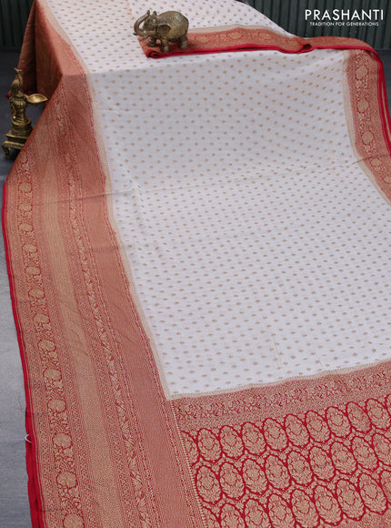 Banarasi georgette saree off white and red with allover thread & zari butta weaves and long woven border