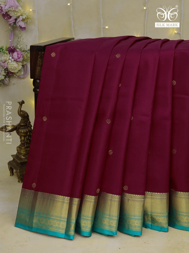 Pure kanchipuram silk saree magenta pink and teal blue with zari woven buttas and zari woven korvai border