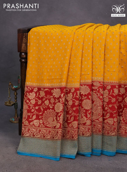 Banarasi georgette saree mustard yellow and maroon cs blue with allover thread & zari butta weaves and long woven border