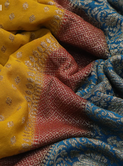 Banarasi georgette saree mustard yellow and maroon cs blue with allover thread & zari butta weaves and long woven border