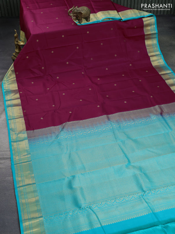 Pure kanchipuram silk saree magenta pink and teal blue with zari woven buttas and zari woven korvai border