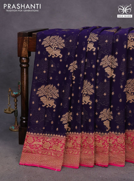 Banarasi georgette saree blue and pink with allover thread & zari weaves and woven border