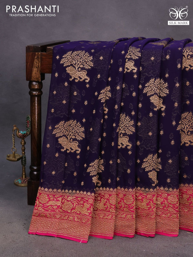 Banarasi georgette saree blue and pink with allover thread & zari weaves and woven border