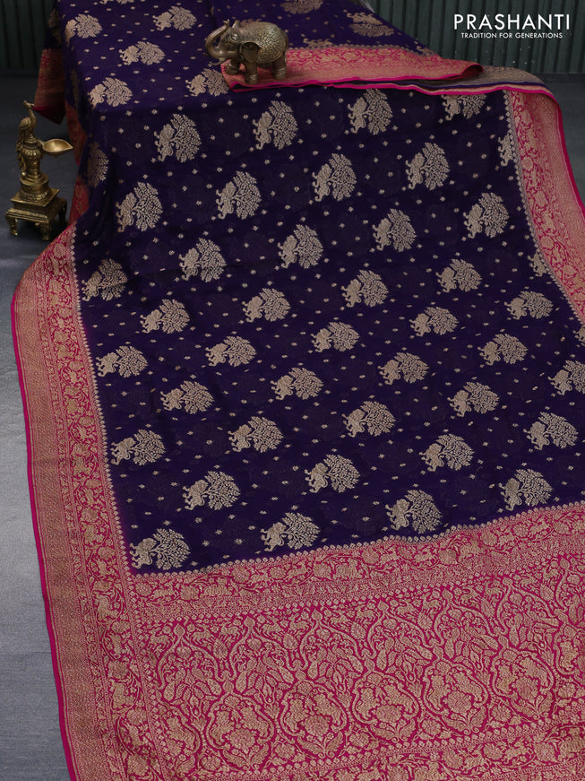 Banarasi georgette saree blue and pink with allover thread & zari weaves and woven border