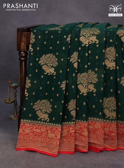 Banarasi georgette saree green and red with allover thread & zari weaves and woven border