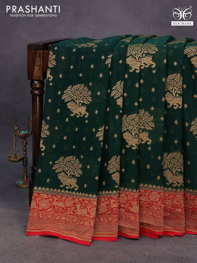 Banarasi georgette saree green and red with allover thread & zari weaves and woven border