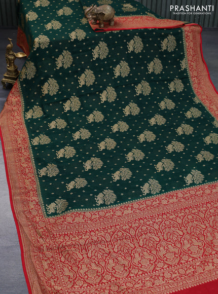 Banarasi georgette saree green and red with allover thread & zari weaves and woven border