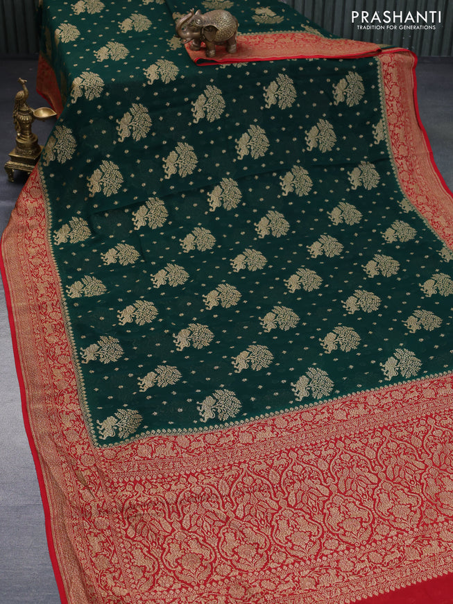 Banarasi georgette saree green and red with allover thread & zari weaves and woven border