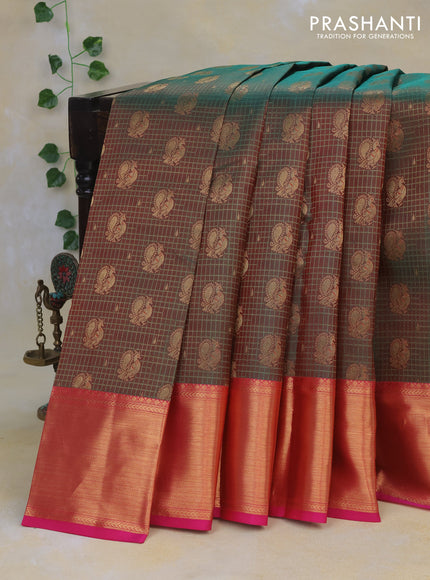 Pure kanchipuram silk saree dual shade of greenish red and pink with allover zari woven brocade weaves and rich zari woven border