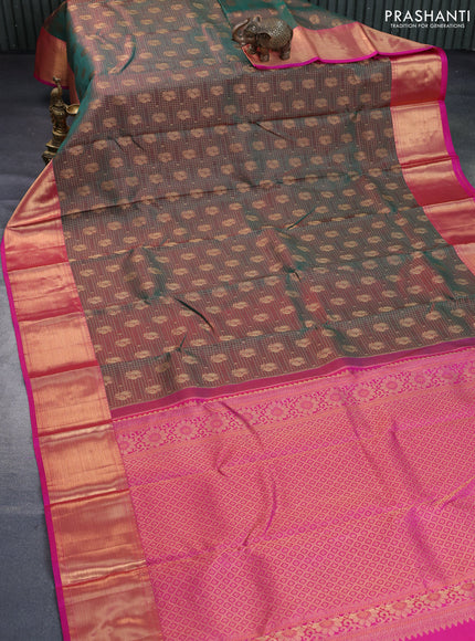 Pure kanchipuram silk saree dual shade of greenish red and pink with allover zari woven brocade weaves and rich zari woven border